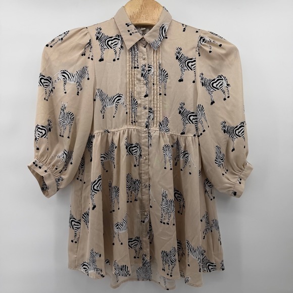 UMGEE Women's Beige Zebra Print Pleated Button Up Shirt Dress high lo Medium - Picture 2 of 8